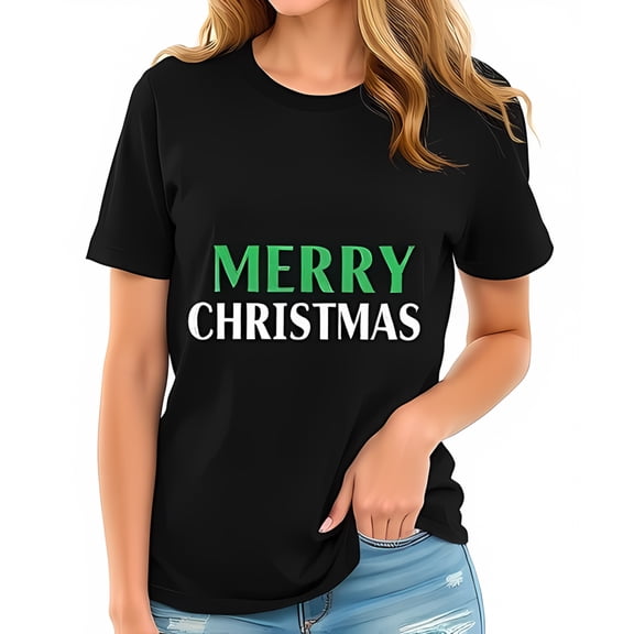 Merry Christmas Cotton Short Sleeve T-Shirt - Bold Green & White Festive Design for Casual Holiday Style