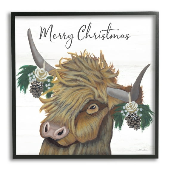 Merry Christmas Country Longhorn Cattle Cow Pinecones Inspirational Painting Framed Art Print Wall Art