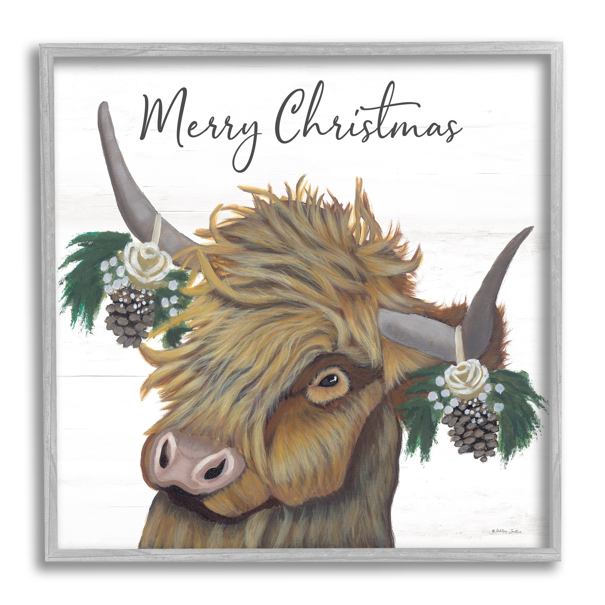 Merry Christmas Country Longhorn Cattle Cow Pinecones Inspirational Painting Framed Art Print Wall Art