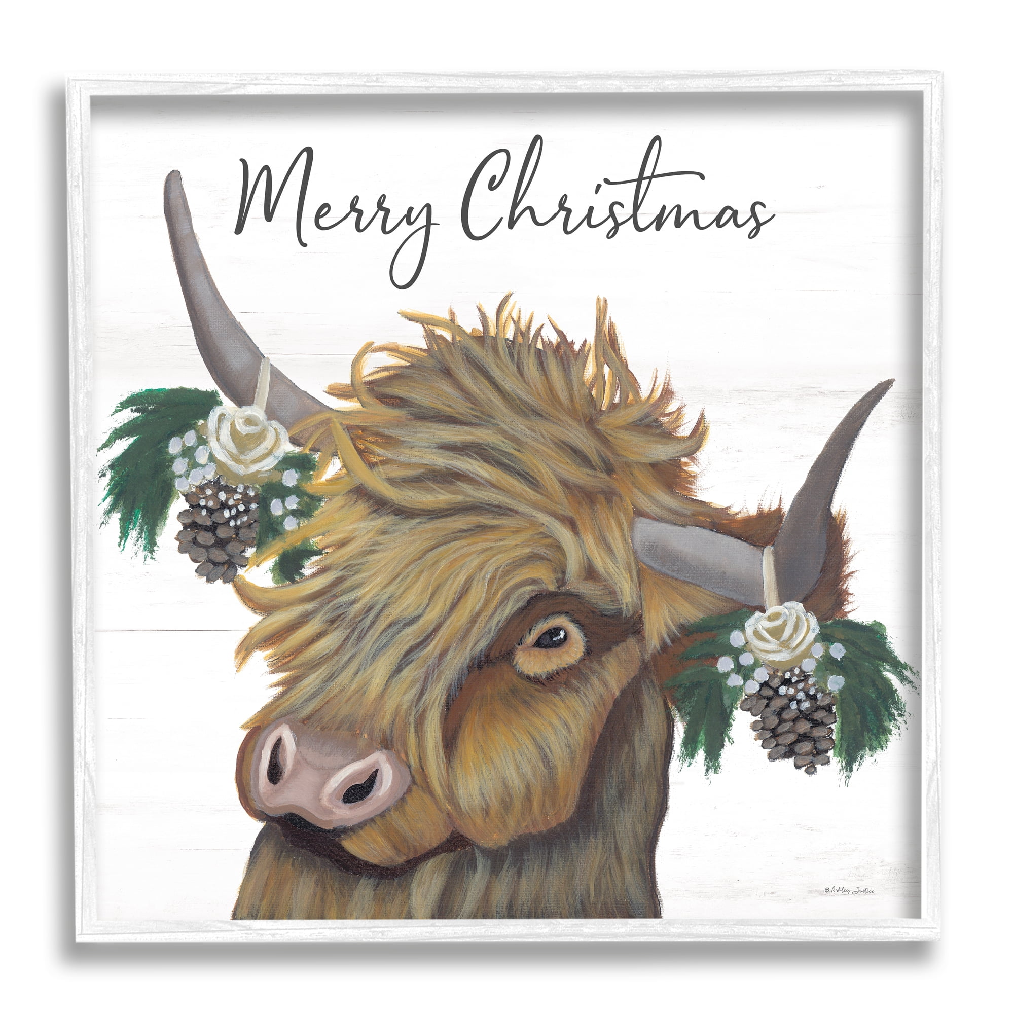 Merry Christmas Country Longhorn Cattle Cow Pinecones Inspirational Painting Framed Art Print Wall Art