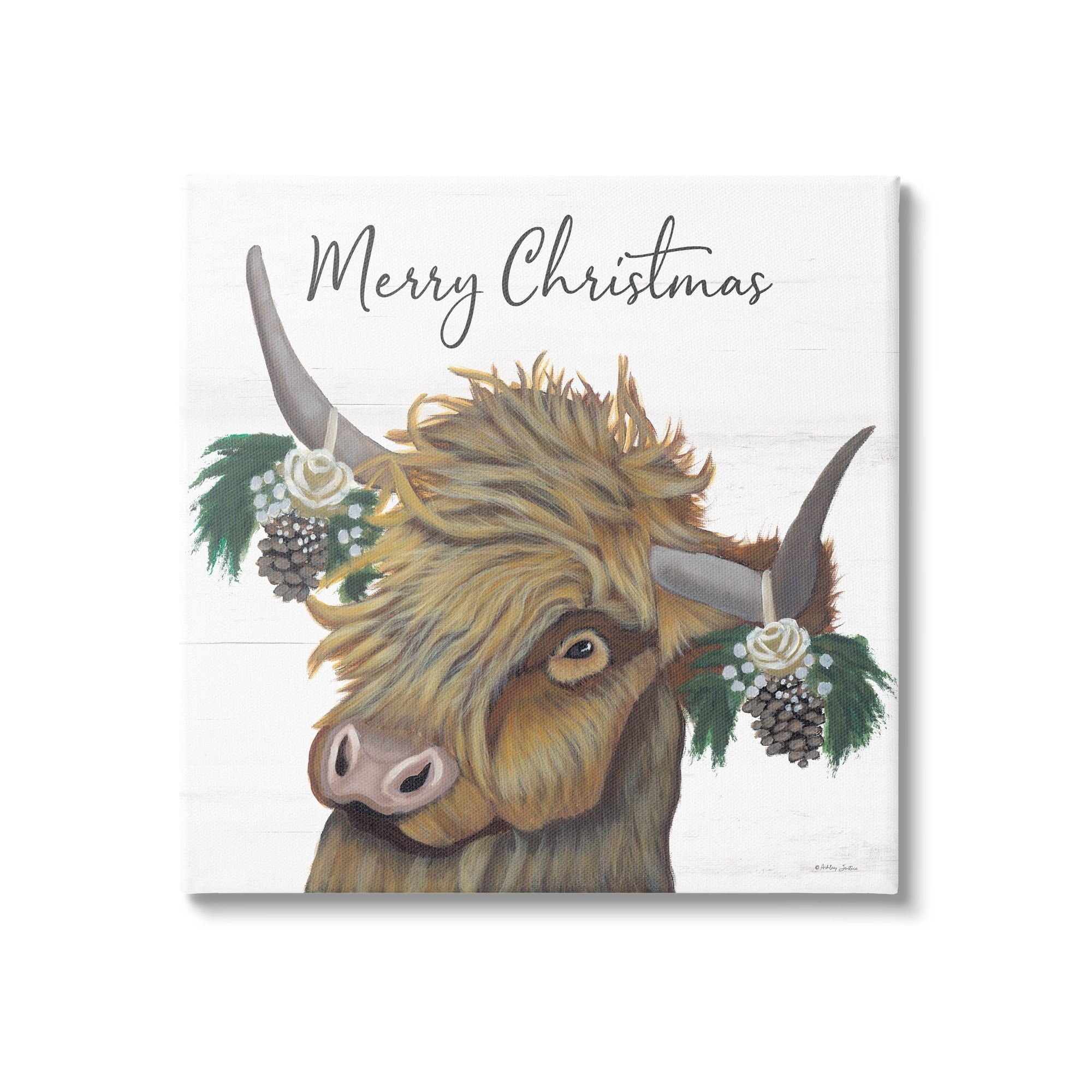 Merry Christmas Country Longhorn Cattle Cow Pinecones Inspirational Painting Gallery-Wrapped Canvas Print Wall Art