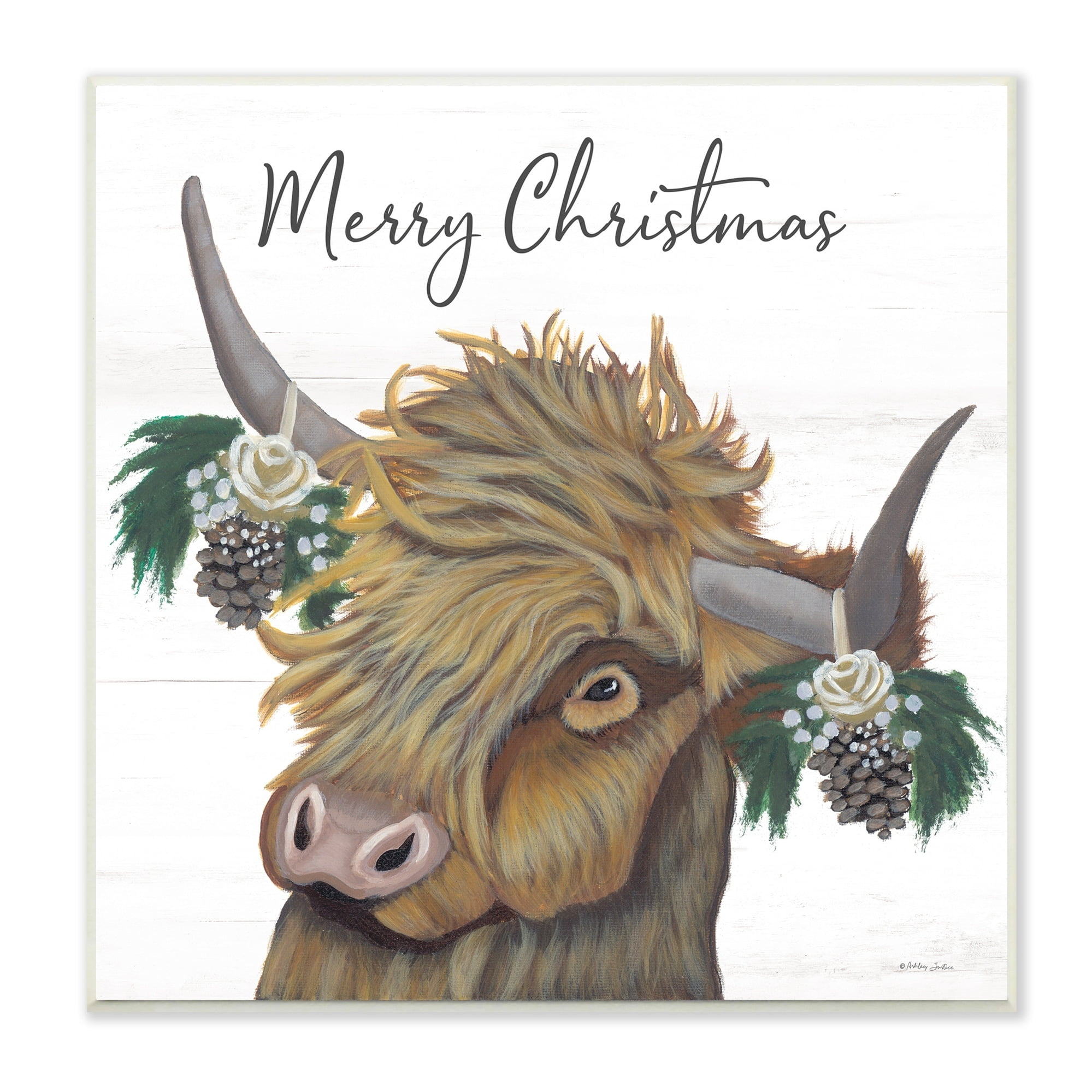 Merry Christmas Country Longhorn Cattle Cow Pinecones Inspirational Painting Unframed Art Print Wall Art