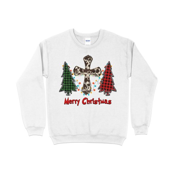 Merry Christmas Cow Print Cross Buffalo Plaid Tree Sweatshirt, Christmas Sweater, Cute Christmas Shirt, Holiday Shirt, Xmas Gifts