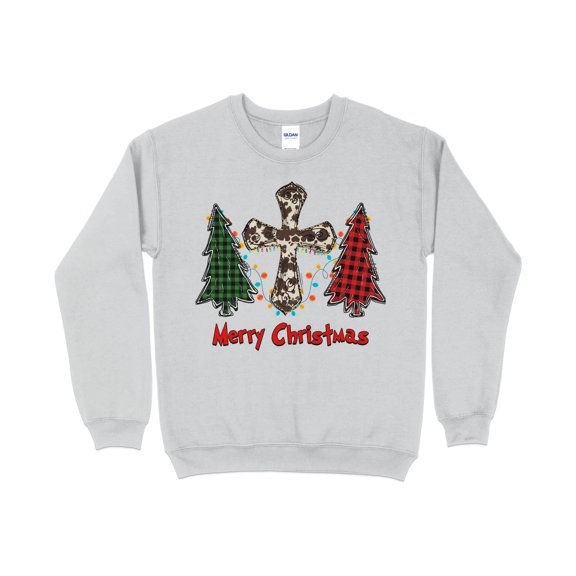 Merry Christmas Cow Print Cross Buffalo Plaid Tree Sweatshirt, Christmas Sweater, Cute Christmas Shirt, Holiday Shirt, Xmas Gifts