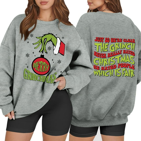 Merry Christmas Crewneck Sweatshirt Xmas Long Sleeve Crewneck Pullover Light Gray XXL