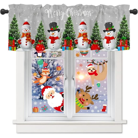 Merry Christmas Curtain Valance, Tree Snowman Gift Snowflake Winter Gray Short Rod Pocket Window Treatment for Living Room, Bedroom, Kitchen, Bathroom, 1 Panel, 54" W x 18" L