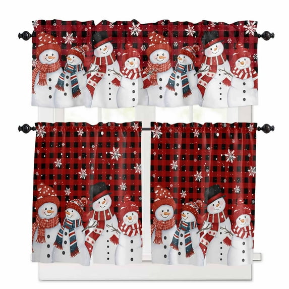 Merry Christmas Curtain Valances Set Watercolor Cartoon Xmas Trees Pink Plaid Kitchen Curtains 24 inch Length Rod Pocket Valance and Tiers 3 Piece Set Small Bedroom Bathroom Laundry Decor