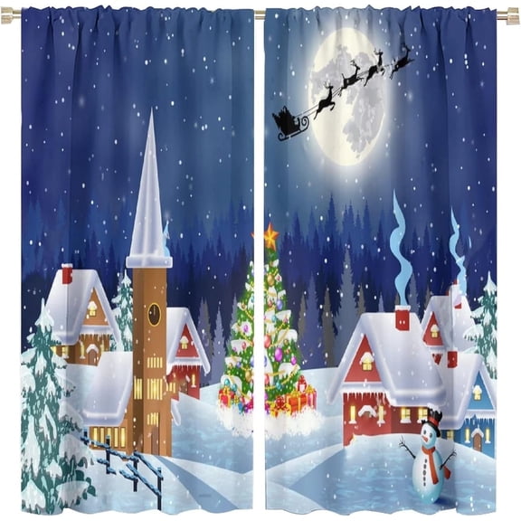 Merry Christmas Curtains, Winter Season Snowman Xmas Tree Santa Sleigh Moon Present Boxes Snow and Stars, Living Room Bedroom Window Drapes 2 Panel Set, 28" X 40", Decor