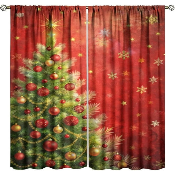 Merry Christmas Curtains, Colorful Xmas Balls Xmas Tree Snowflake Pattern for Room Window Decor, Rod Pocket Blackout Drapes for Living Room Bedroom Kitchen 2 Panel Set 42" W X 84" L