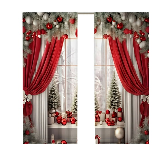 Merry Christmas Curtains, Xmas Red Balls Snowflake Pine Branch Window Drapes for Winter Holiday Bedroom Living Room