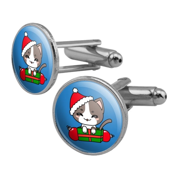 Merry Christmas Cute Kawaii Cat Kitten Round Cufflink Set Silver Color