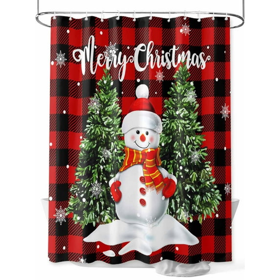 Merry Christmas Cute Snowman Xmas Tree Red and Black Buffalo Plaid Shower Curtain Set ,Waterproof Fabric Shower Curtains Shower Curtains for Bathroom,Bathroom Decor 72"x78"