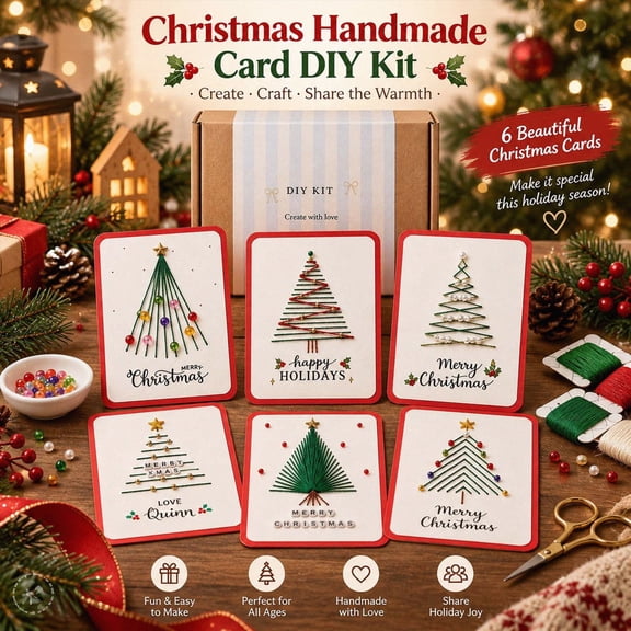 Merry Christmas DIY Kit, 6 Pack Hand Stitched Christmas Cards, DIY Beaded Embroidery Greeting Card Set, Handmade Christmas Tree Note Cards for Holiday Gifts, Festive Seasonal Greetings Set