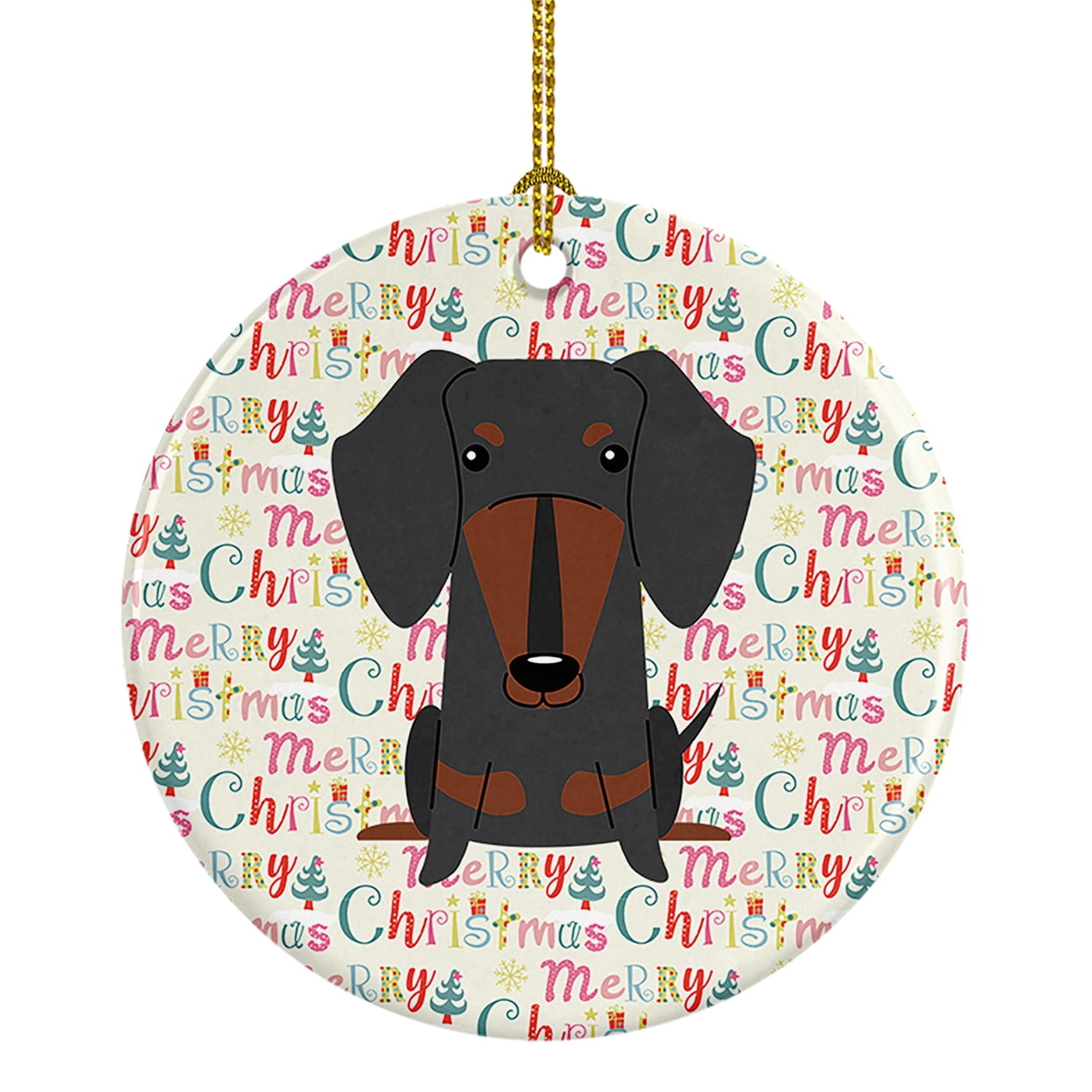 Merry Christmas Dachshund Black Tan Ceramic Ornament 2.8 in x 2.8 in