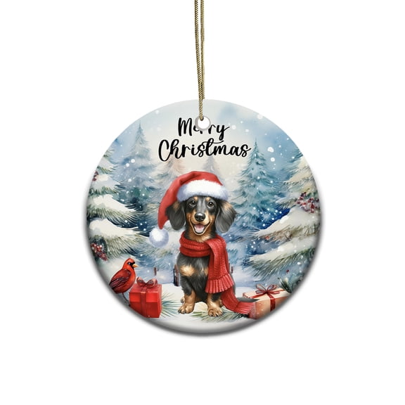 Merry Christmas Dachshund Enjoys Woofmas Winter Xmas Holiday Ceramic Round Ornament Wiener Dog Lover Gifts Idea Home Tree Decor - 02022