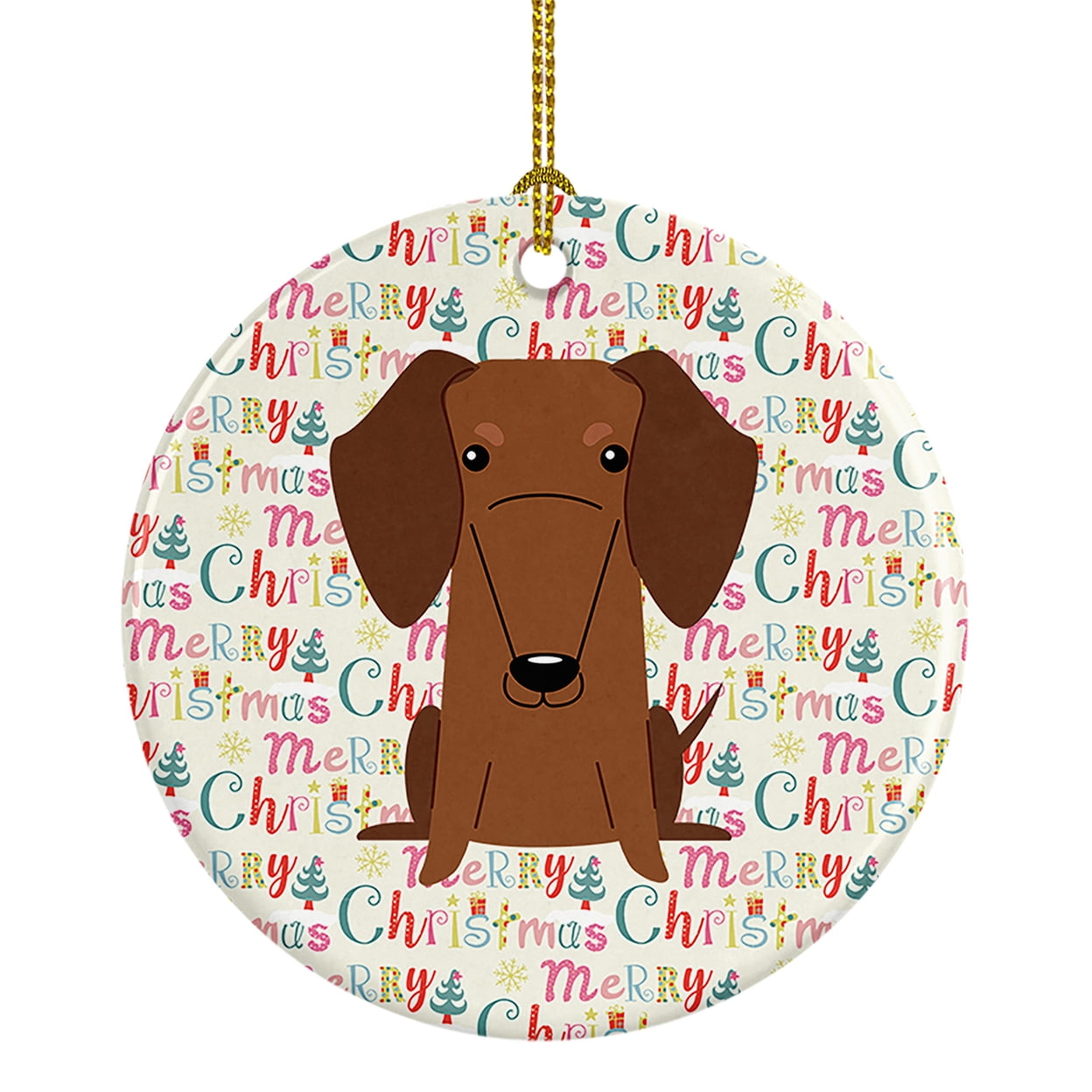 Merry Christmas Dachshund Red Brown Ceramic Ornament 2.8 in x 2.8 in