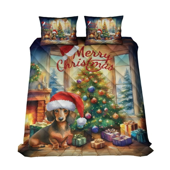 Merry Christmas Dachshund Santa Hat Xmas Tree Winter Holiday Quilt Bedding Set Wiener Dog Lover Gifts Idea 1 Blanket Bed Cover 2 Pillowcases - 01013