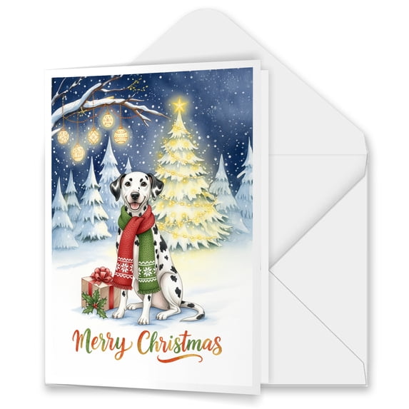 Merry Christmas Dalmatian Snowy Winter with Gifts Tree Decorations 5x7in Folded Greeting Card Dog Lover Single Note Card with Envelope - 12020