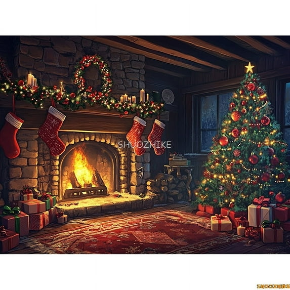 Merry Christmas Day Sce New Year Photography Backdrop Props Winter Fireplace Living Room Gift Holiday Photo Background RS-10