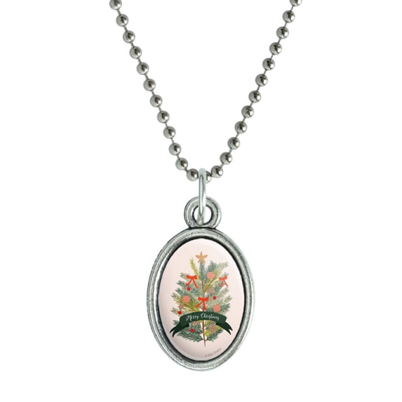 Merry Christmas Decorated Pine Tree Antiqued Oval Charm Pendant with Chain