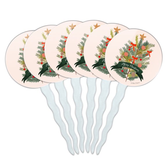 Merry Christmas Decorated Pine Tree Cupcake Picks Toppers Decoration Set of 6