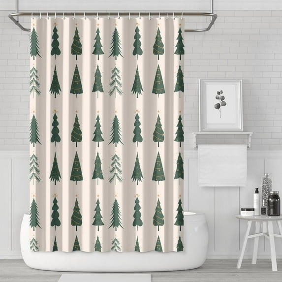 Merry Christmas Decorative Bathroom Curtain: Waterproof, Washable & Durable Shower Curtain (72x72) with Snowflakes & Pine Trees Design - Shower Curtain with 12 Hooks