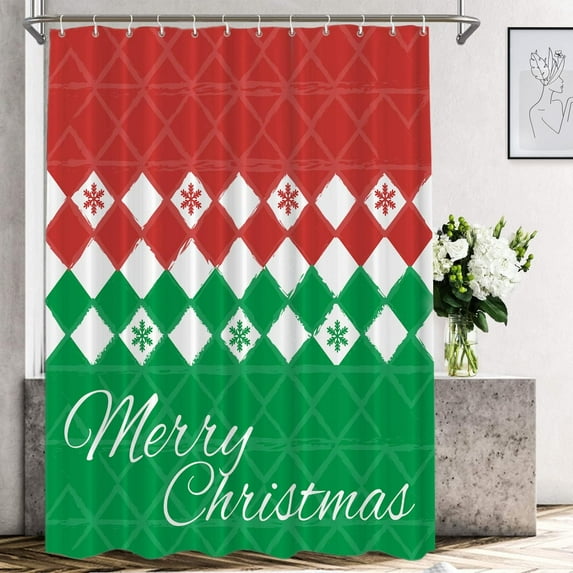 Merry Christmas Decorative Shower Curtain, Red Green Christmas Line Bathroom Décor Polyester Fiber Waterproof with Plastic Rings for Shower Stall Bathtubs 72 x 72 in