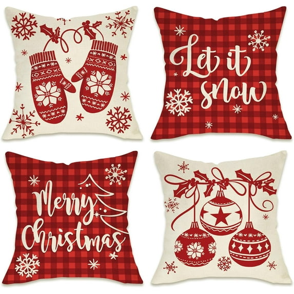Merry Christmas Decorative Throw Pillow Covers 16x16 Set of 4, Xmas Ornaments Red Buffalo Plaid Check Outdoor Pillowcase, Let It Snow Glove Winter Holiday Farmhouse Cushion Case Home Decor