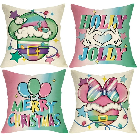 Merry Christmas Decorative Throw Pillow Covers 18 x 18 Set of 4, Winter Pastel Pink Green Xmas Holly Jolly Balloon Porch Outdoor Home Decor, Funny Holiday Couch Cushion Case