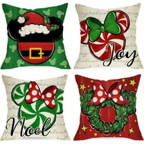 Merry Christmas Decorative Throw Pillow Covers 18 x 18 Set of 4, Xmas Candy Cane Wreath Red Green Bow Cushion Case Decor, Noel Joy Winter Holiday Farmhouse Home Sofa Couch Decoration