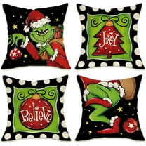 Merry Christmas Decorative Throw Pillow Covers 18 x 18 Set of 4, Xmas Pine Tree Ornament Joy Believe Porch Outdoor Pillowcase, Black Green Polka Dot Winter Holiday Cushion Case Home Decor