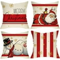 thumbnail image 1 of Merry Christmas Decorative Throw Pillow Covers 18 x 18 Set of 4, Xmas Santa Claus Snowman Porch Outdoor Home Decor, Red White Stripes Golden Snowflakes Winter Holiday Sofa Couch Cushion Case, 1 of 6