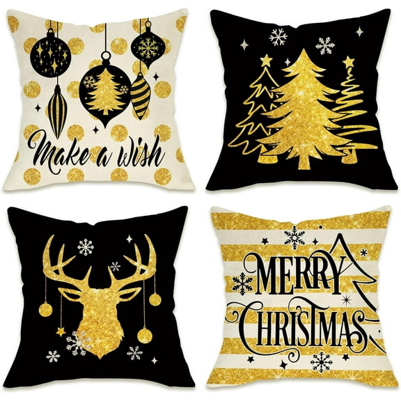 Merry Christmas Decorative Throw Pillow Covers 18 x 18 Set of 4, Xmas Tree Deer Ornament Golden Black Outdoor Pillowcase, Polka Dot Stripe Winter Holiday Farmhouse Cushion Case Home Decor