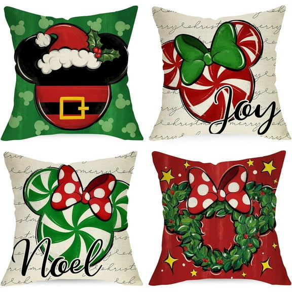 Merry Christmas Decorative Throw Pillow Covers 20 x 20 Set of 4, Xmas Candy Wreath Red Green Bow Cushion Case Decor, Noel Joy Winter Holiday Farmhouse Home Sofa Couch Decoration