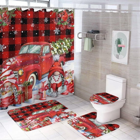 Merry Christmas Deer 4 Pieces Shower Curtain Set,Winter New Year Xmas Bells Tree Snowflakes Non-Slip Rugs Toilet Lid Cover Bath Mat and Bathroom Curtain