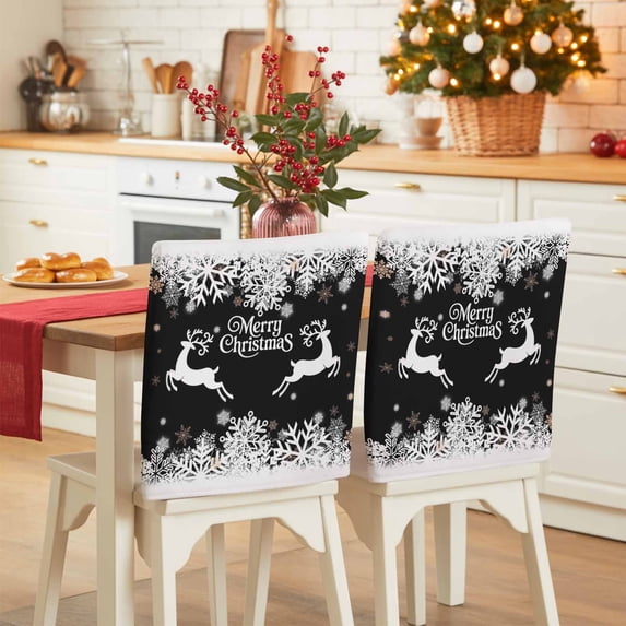 Merry Christmas Deer Chair Covers Set of 6 Winter Snowflake Reindeer Snow Black Chair Back Covers Stretch Removable Washable Slipcovers Protector for Dining Room Kitchen Party Decor