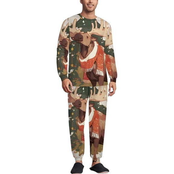 Merry Christmas Deer Holiday Decor Men's Pajama Set Sleepwear Pjs Lightweight Long Sleeve Crewneck Shirts and Bottoms Soft Comfy Sleep Sets 2XL