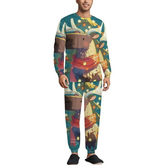 Merry Christmas Deer Holiday Decor Men's Pajama Set Sleepwear Pjs Lightweight Long Sleeve Crewneck Shirts and Bottoms Soft Comfy Sleep Sets L