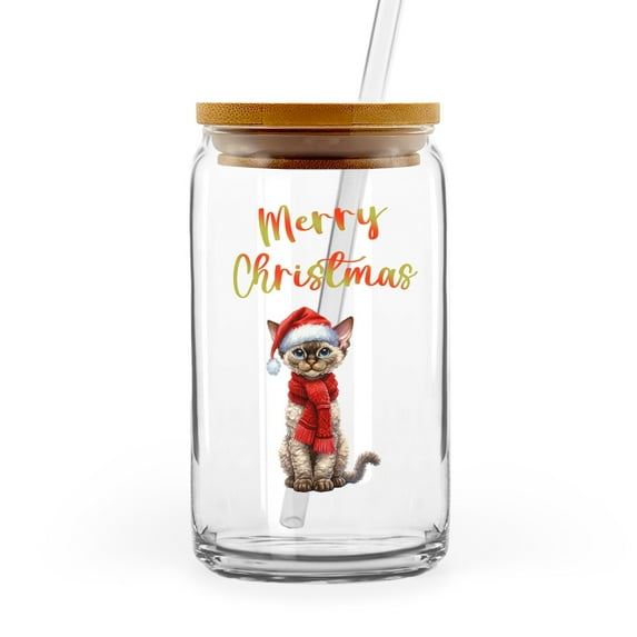 Merry Christmas Devon Rex Enjoys Catmas Winter Xmas Holiday 16oz Glass Cup Mug Cat Lover Kitten Owner Gifts Glass Can with Bamboo Lid and Straw - 02022