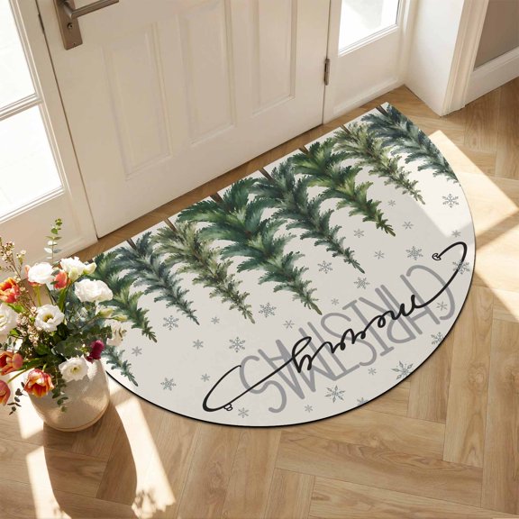 Merry Christmas Diatomaceous Earth Bath Mat, Rustic Farmhouse Green Pine Spruce Trees Snowman Half Round Non-Slip Quick Dry Door Mat Super Absorbent Bath Rug for Bathroom Kitchen Laundry 16x24in