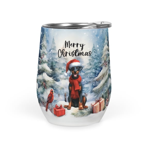 Merry Christmas Doberman Pinscher Enjoys Woofmas Winter Xmas Holiday 12oz Stainless Steel Wine Tumbler Insulated Cup with Lid Doberman Dog Lover Gifts - 02022