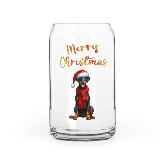 Merry Christmas Doberman Pinscher Enjoys Woofmas Winter Xmas Holiday 16oz Glass Cup Mug Doberman Dog Lover Gifts Glass Can - 02022