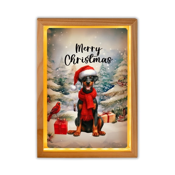 Merry Christmas Doberman Pinscher Enjoys Woofmas Winter Xmas Holiday Acrylic Plaque with Wood Photo Frame Box Doberman Dog Lover Gifts Light Box - 02022