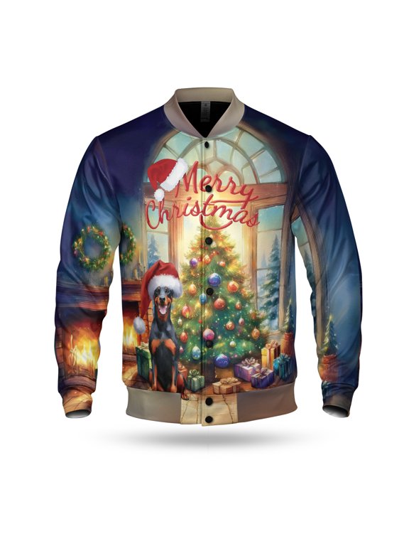 Merry Christmas Doberman Pinscher Santa Hat Xmas Tree Winter Holiday All Over Print 3D Baseball Jacket Doberman Dog Lover Gifts Bomber Jacket Softball - 01013