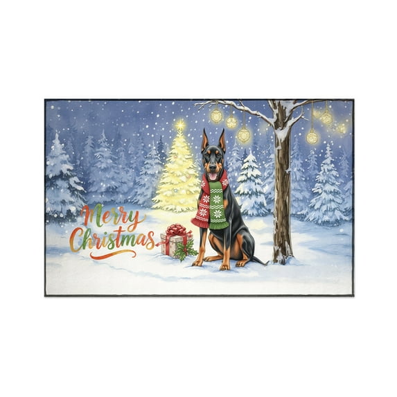 Merry Christmas Doberman Pinscher Snowy Winter with Gifts Tree Decorations Indoor Rug Doberman Dog Lover Gifts Carpet Living Bed Room Sofa Home Decor - 12020