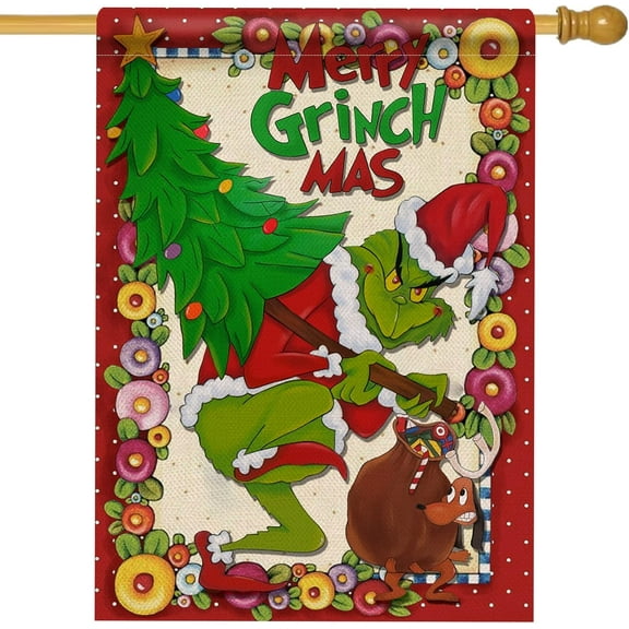 Merry Christmas Dog House Flag Double Sided, Xmas Tree Max Decorative Garden Yard Donuts Outdoor Large Flag, Winter Holiday Burlap Decor Seasonal Home Outside Decoration 28x40