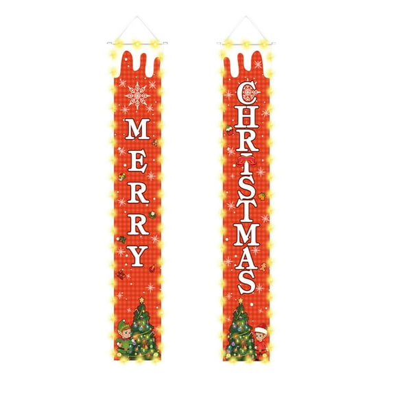 Merry Christmas Door Banner with String Lights, Porch Signs Welcome Banner, Hanging Decor Yard Sign for Front Door Wall Cover Party Supplies Outdoor Indoor,71X12In(C)