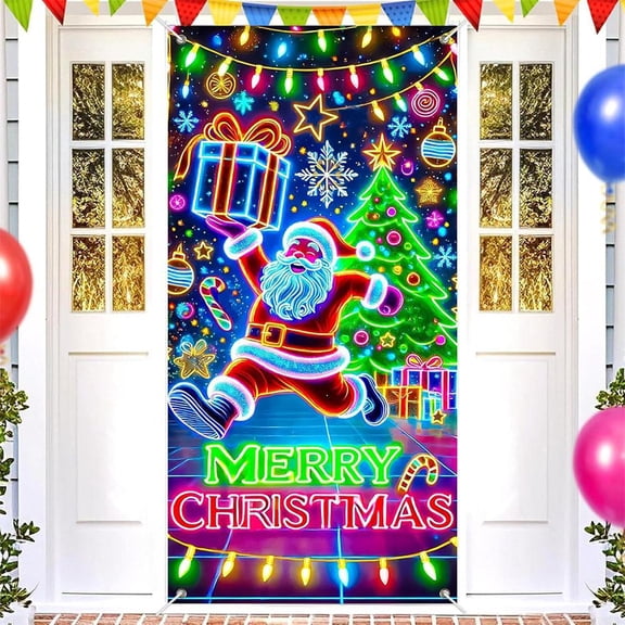 Merry Christmas Door Cover 2D Cartoon Decorations Curtain for Front Door Hanging Flag for Winter Xmas Holiday Party Home Welcome outdoor Decor