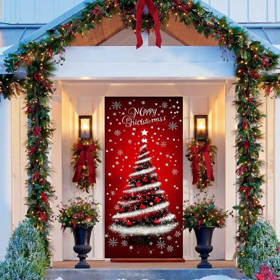 Taicans ‌Merry Christmas Door Cover Banner - 35×71inch Snowflake & Tree Design - Winter Holiday Decor for Front Door,office,Home Party Supplies - Festive Xmas Door Hanging Decorations