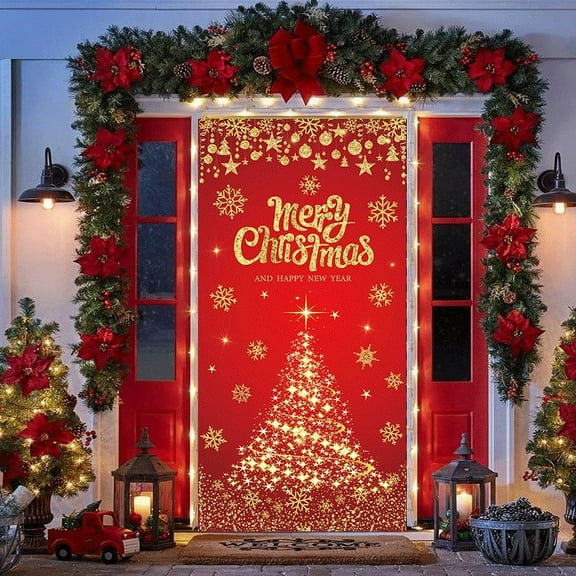 Merry Christmas Door Cover Christmas Fireplace Door Cover Backdrops Xmas Tree Printed Door Cover Banner Christmas Background Xmas Nutcracker Front Door Christmas Hanging Decorations